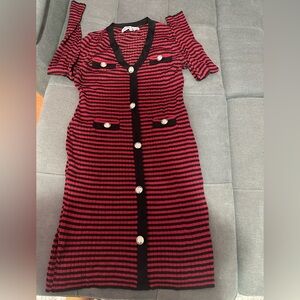 Red & Black Striped Knit Sweater Dress Gold Button Preppy Small